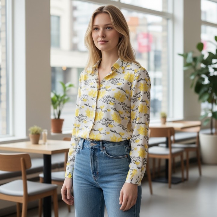Yellow crane long sleeve silk shirt